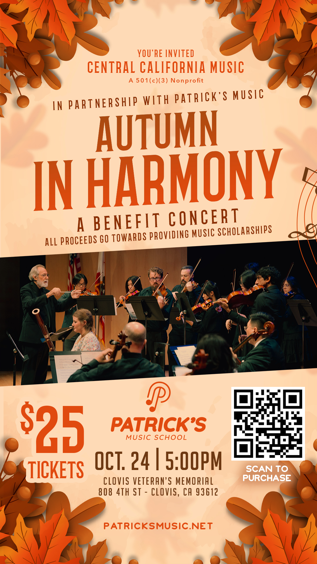 Autumn in Harmony benefit concert with Central California Music and Patrick’s Music School. October 24 at 5:00 PM, Clovis Veterans Memorial, 808 4th Street, Clovis. Tickets $25; proceeds support music scholarships.